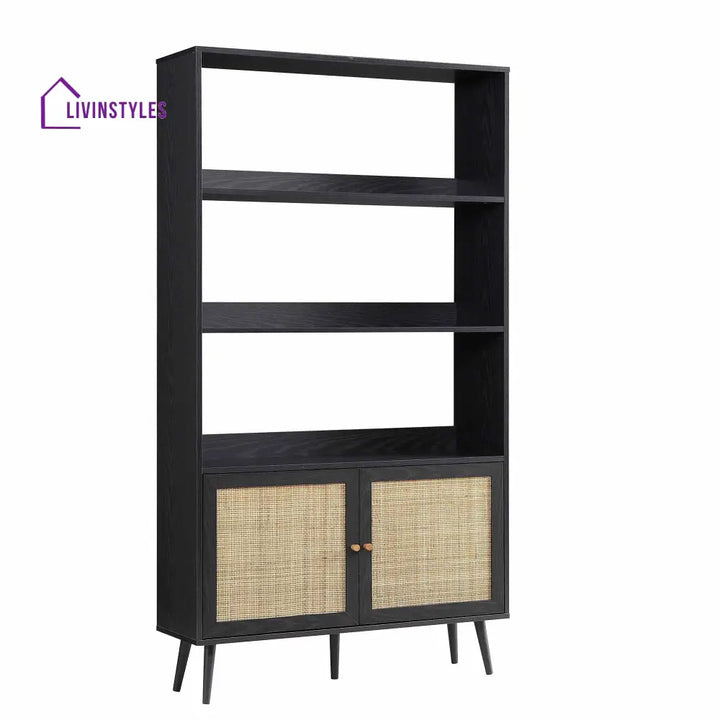 Frances Woven Rattan Bookcase with Doors Black Bookcases & Shelves