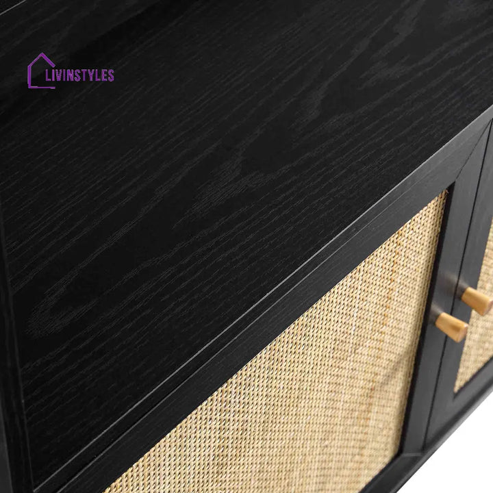 Frances Woven Rattan Bookcase with Doors Black Bookcases & Shelves