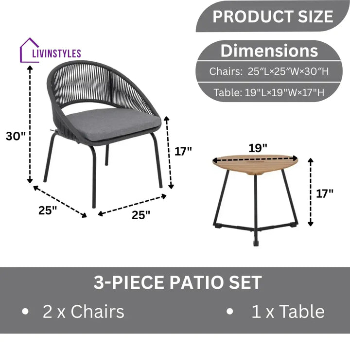Salma 3 Piece Garden Outdoor Rope Patio Set - Patio Set