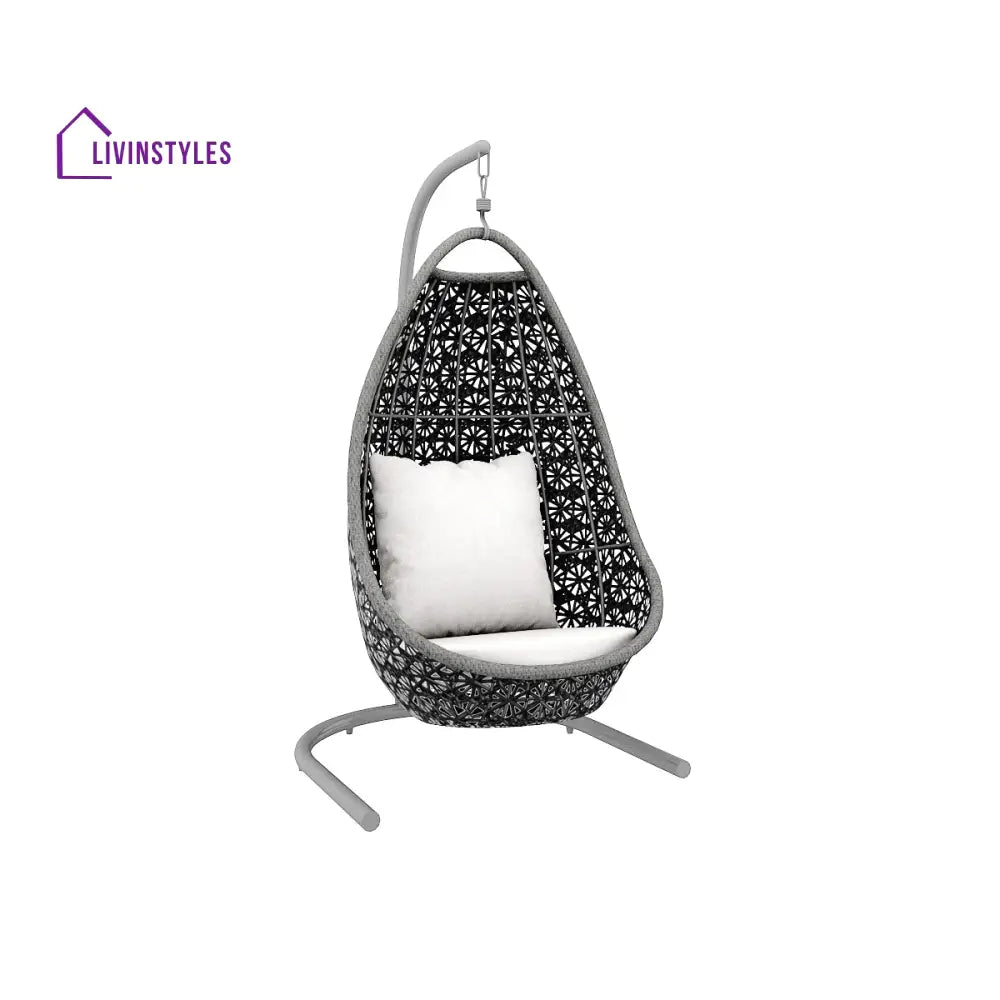 Salome Single Seater Hanging Swing With Stand For Balcony Garden Swing (Black + Grey) - Swings