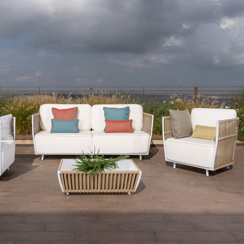 Swoop Outdoor Garden Balcony Sofa Set 2 Seater, 2 Single seater and 1 Table Set (Beige + White)