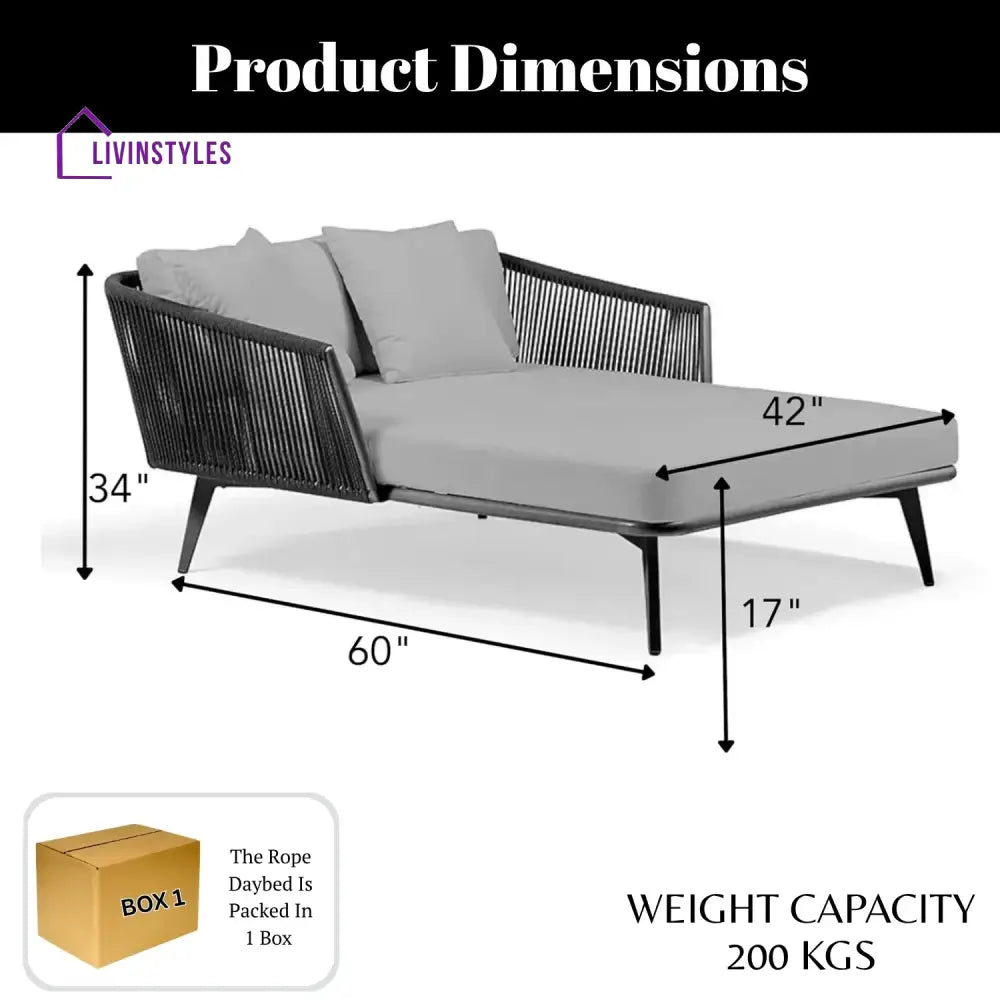 Salwa Outdoor Black Rope Patio Daybed with Comfortable Grey Cushion - Daybed