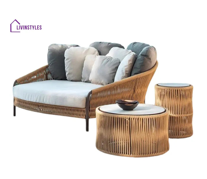 Sam Beige Rope Daybed With Round Table And Off White Cushions