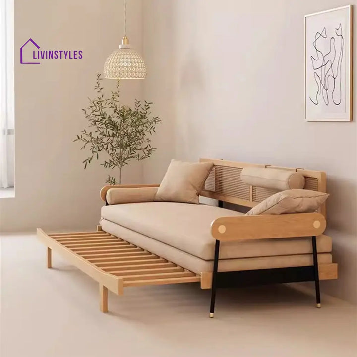 Japandi Solid Wood Minimalism Rattan Back Support Sofa Bed SOFA BED