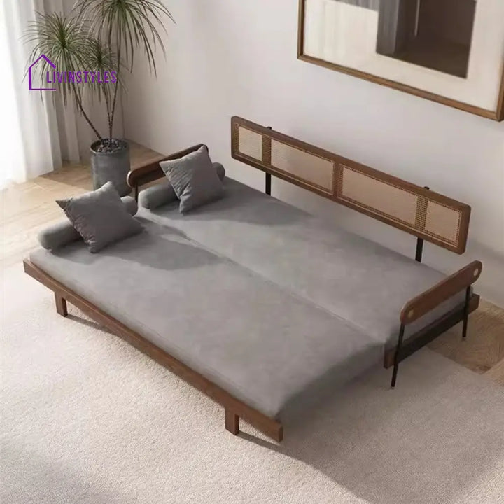 Japandi Solid Wood Minimalism Rattan Back Support Sofa Bed WALNUT SOFA BED