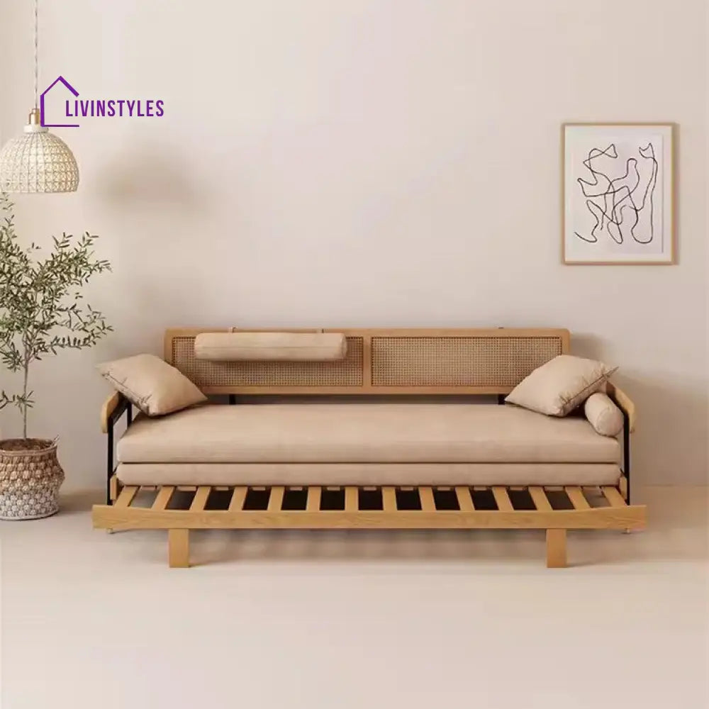 Japandi Solid Wood Minimalism Rattan Back Support Sofa Bed SOFA BED