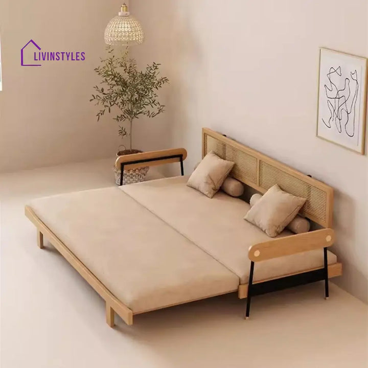 Japandi Solid Wood Minimalism Rattan Back Support Sofa Bed SOFA BED