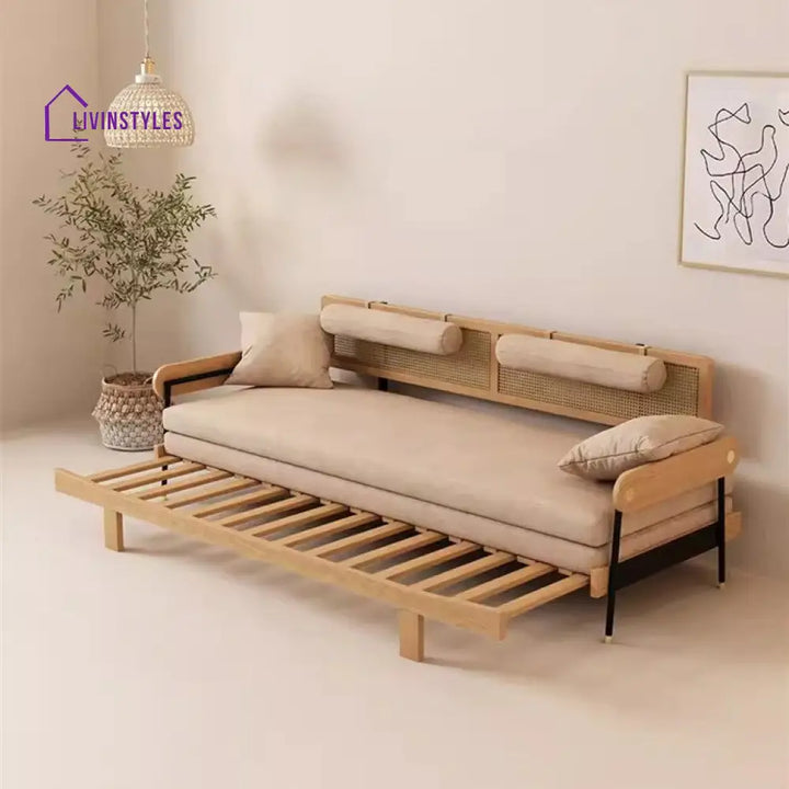 Japandi Solid Wood Minimalism Rattan Back Support Sofa Bed SOFA BED