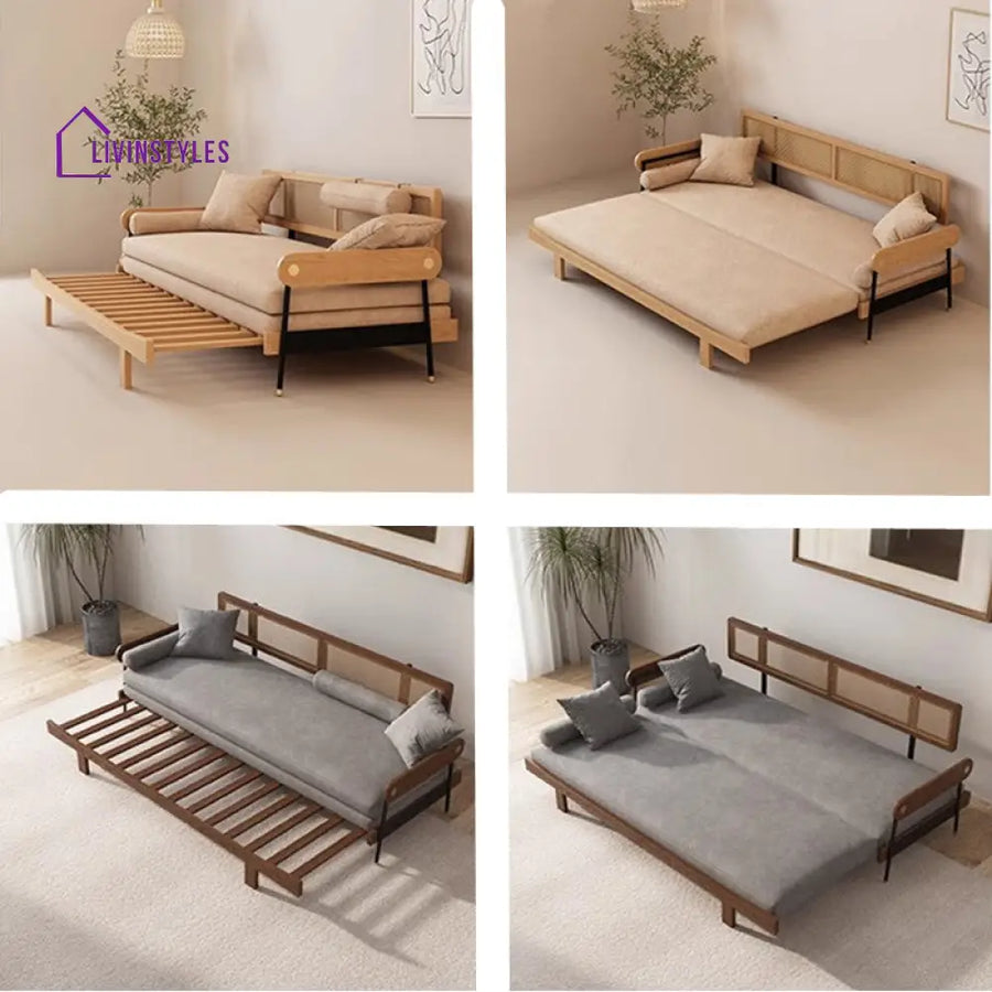 Japandi Solid Wood Minimalism Rattan Back Support Sofa Bed NATURAL SOFA BED