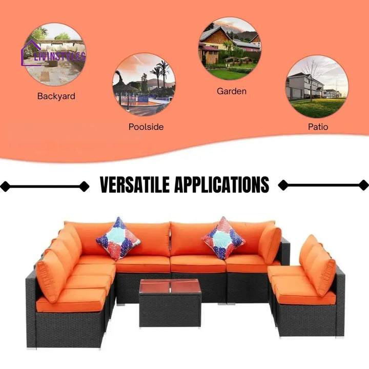 Samah Outdoor Garden Conversation Sofa Set (Black/Orange) - Sofa Set