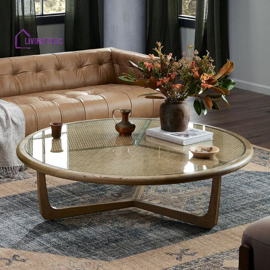 Samaira Solid Oak Wood & Rattan Coffee Table