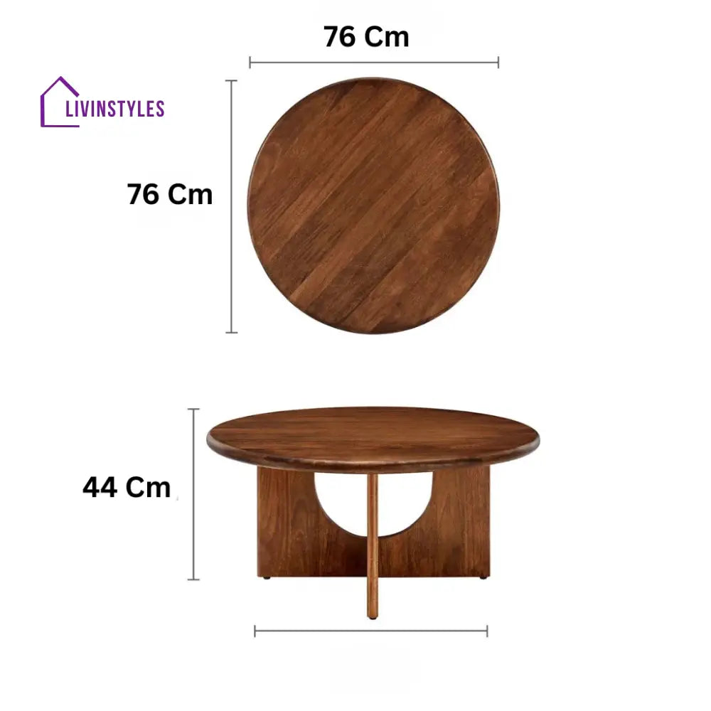 Samar Solid Mango Wood Round Coffee Table for Living Room – Mid Century Modern Center Table with Geometric Base (Walnut