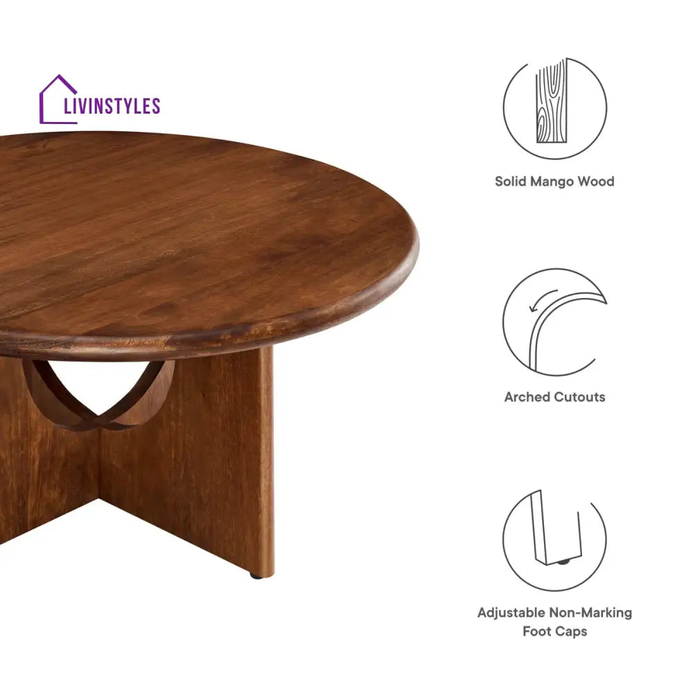 Samar Solid Mango Wood Round Coffee Table for Living Room – Mid Century Modern Center Table with Geometric Base (Walnut