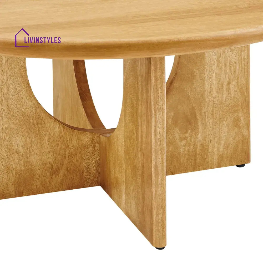 Samar Solid Mango Wood Round Coffee Table for Living Room – Mid Century Modern Center Table with Geometric Base (Walnut