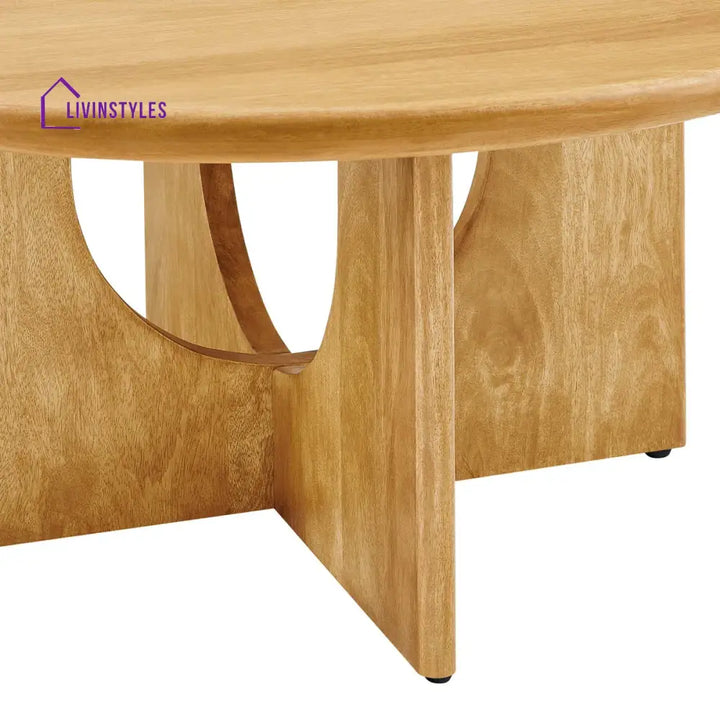 Samar Solid Mango Wood Round Coffee Table for Living Room – Mid Century Modern Center Table with Geometric Base (Walnut