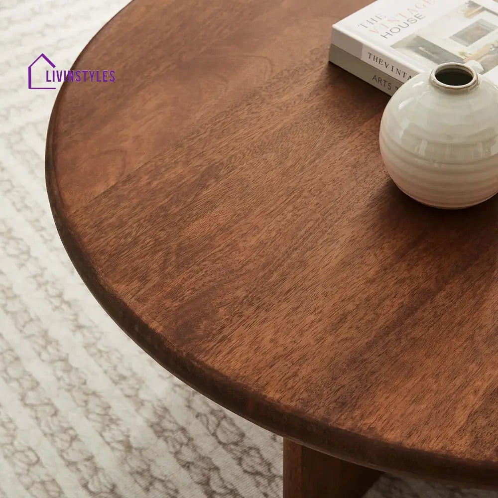 Samar Solid Mango Wood Round Coffee Table for Living Room – Mid Century Modern Center Table with Geometric Base (Walnut