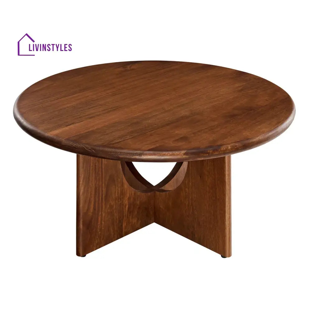 Samar Solid Mango Wood Round Coffee Table for Living Room – Mid Century Modern Center Table with Geometric Base (Walnut