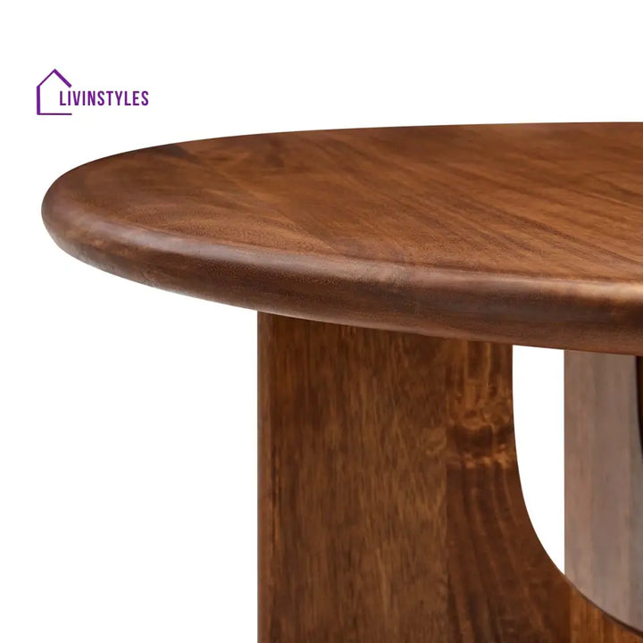 Samar Solid Mango Wood Round Coffee Table for Living Room – Mid Century Modern Center Table with Geometric Base (Walnut