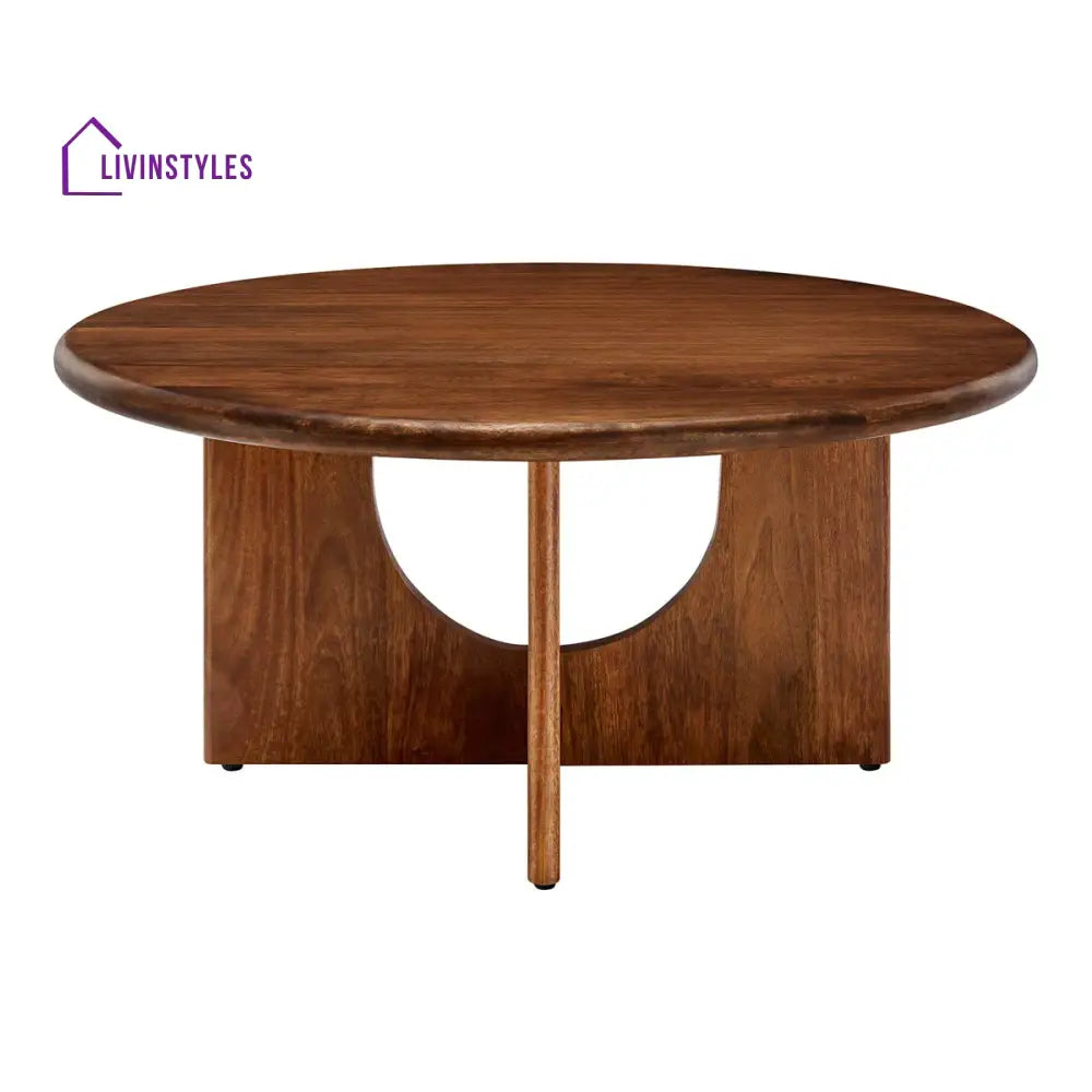 Samar Solid Mango Wood Round Coffee Table for Living Room – Mid Century Modern Center Table with Geometric Base (Walnut