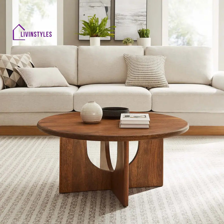 Samar Solid Mango Wood Round Coffee Table for Living Room – Mid Century Modern Center Table with Geometric Base (Walnut