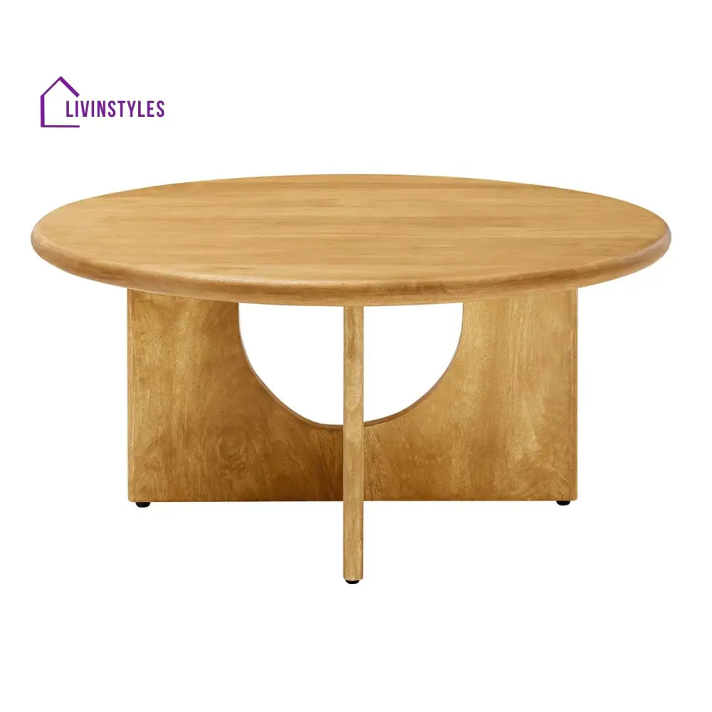 Samar Solid Mango Wood Round Coffee Table for Living Room – Mid Century Modern Center Table with Geometric Base (Walnut