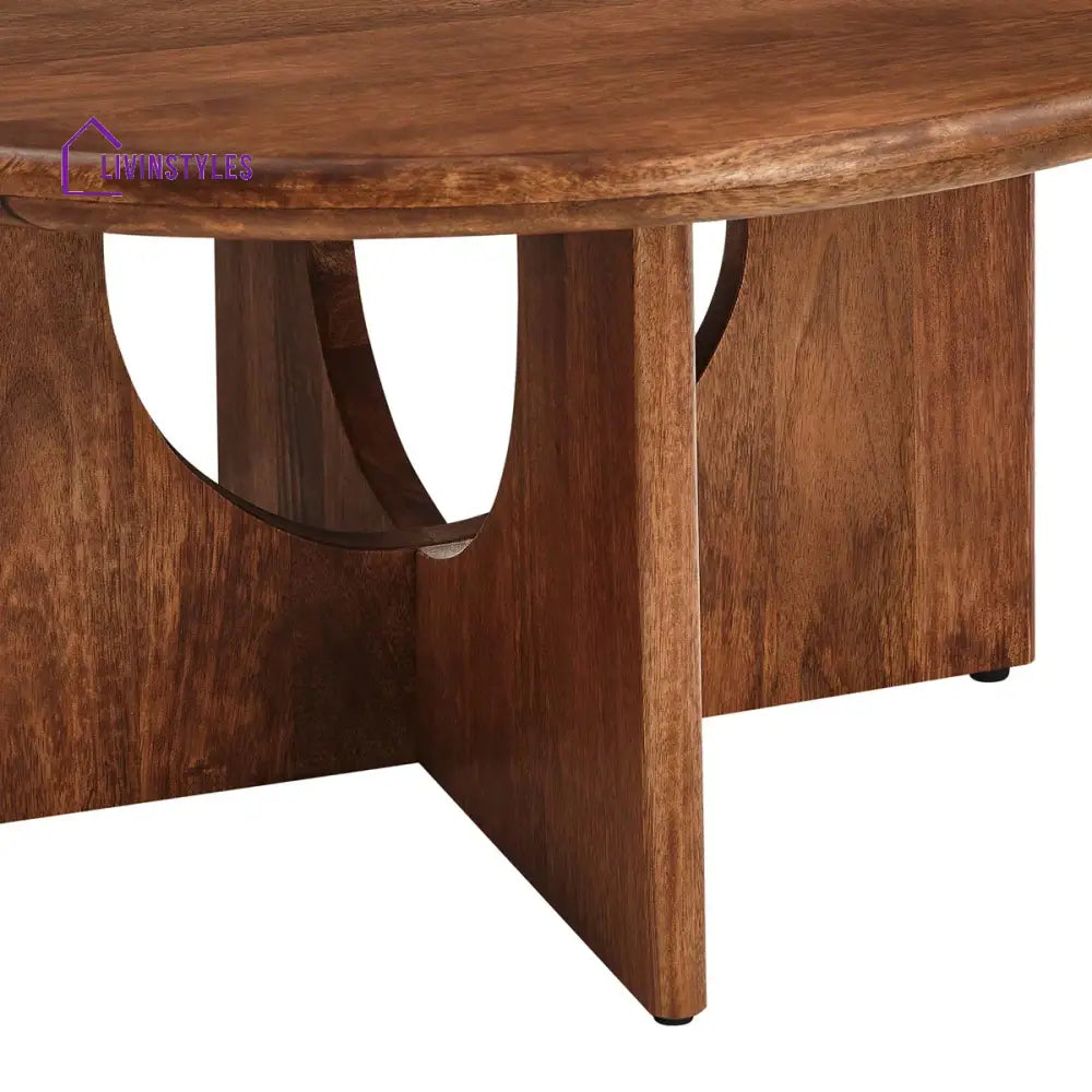 Samar Solid Mango Wood Round Coffee Table for Living Room – Mid Century Modern Center Table with Geometric Base (Walnut