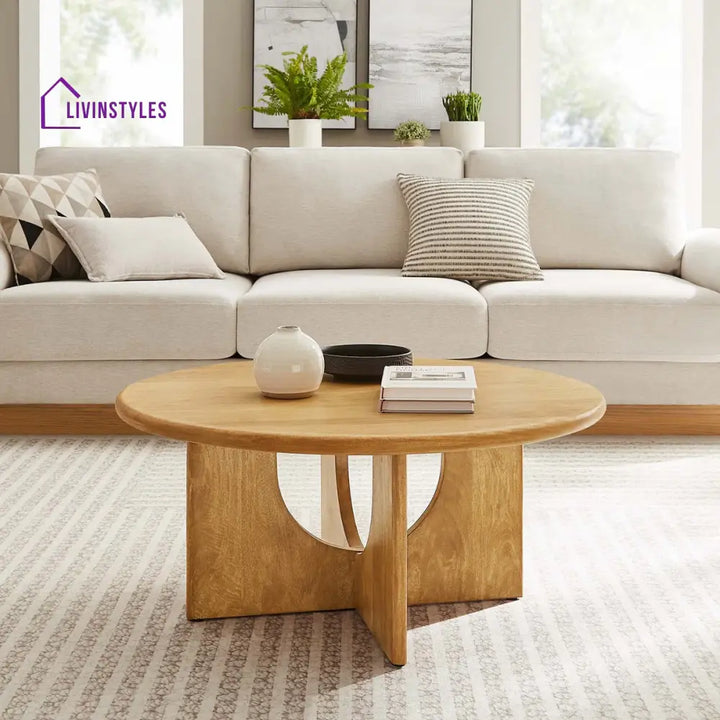 Samar Solid Mango Wood Round Coffee Table for Living Room – Mid Century Modern Center Table with Geometric Base (Walnut