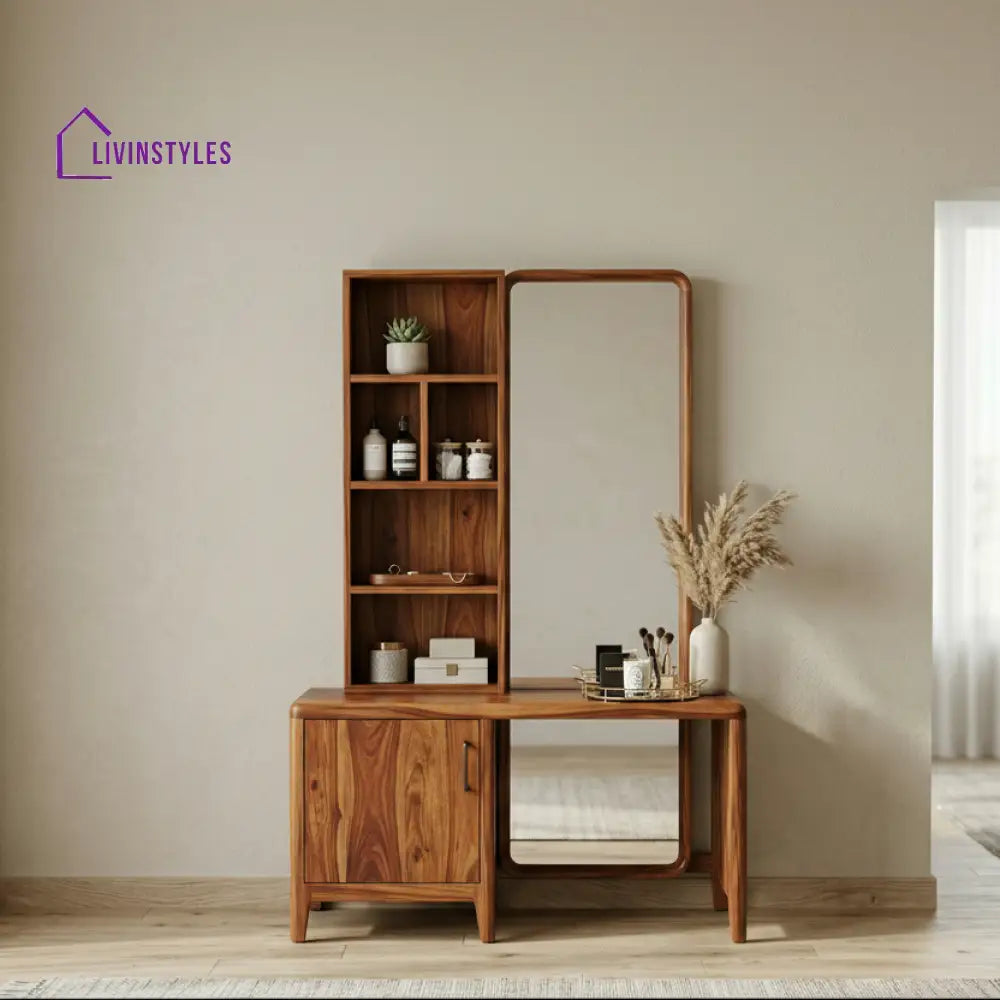 Samuel Sheesham Wood Dressing Table with Mirror and Storage (Honey Finish)