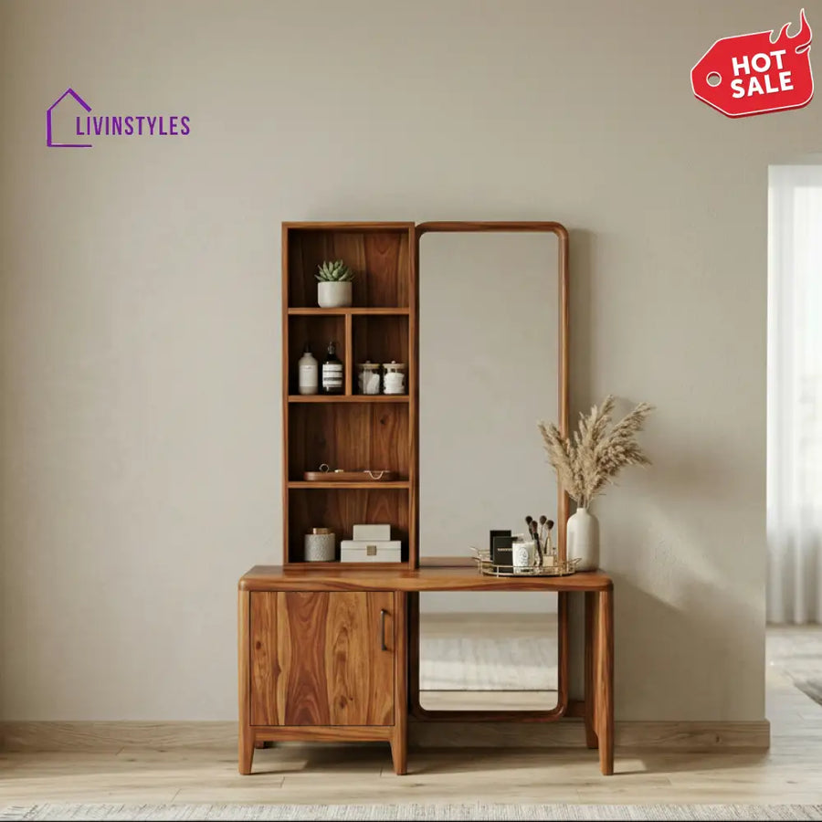 Samuel Sheesham Wood Dressing Table with Mirror and Storage (Honey Finish)