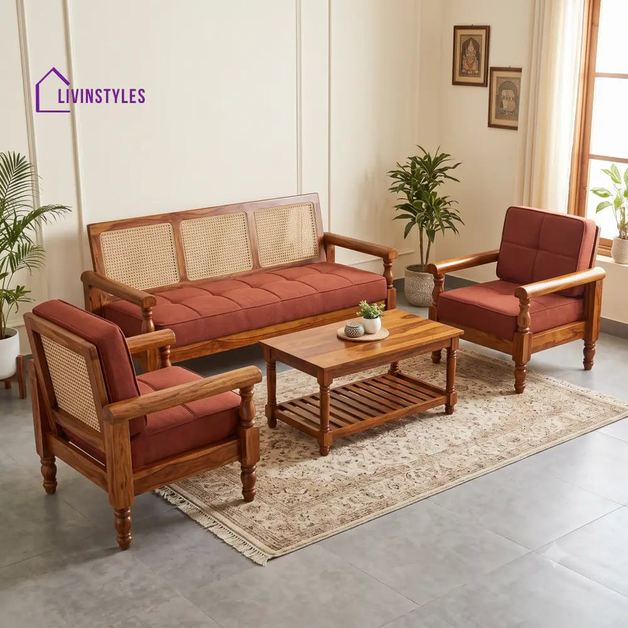 Samyuktha Wooden Sofa Set | 3 + 1 + 1 Sheesham Wood Sofa Set for Living Room