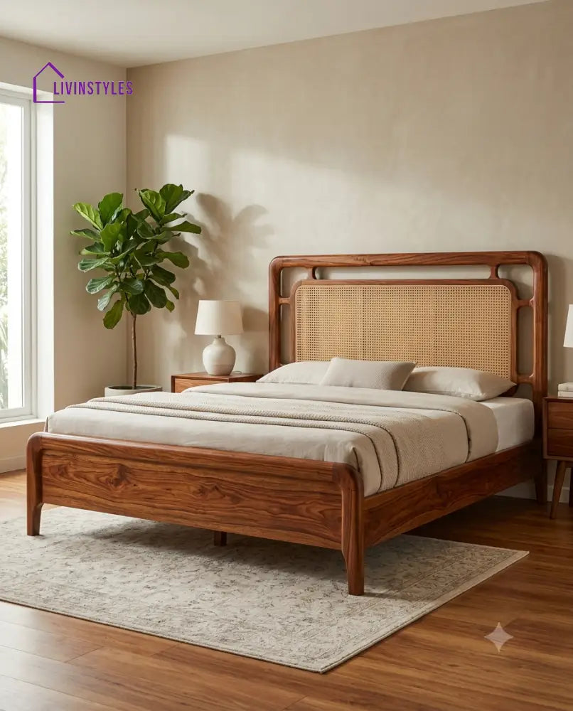 Sandeep Wooden Bed with Cane Weaving Headboard Design | Bed without Storage