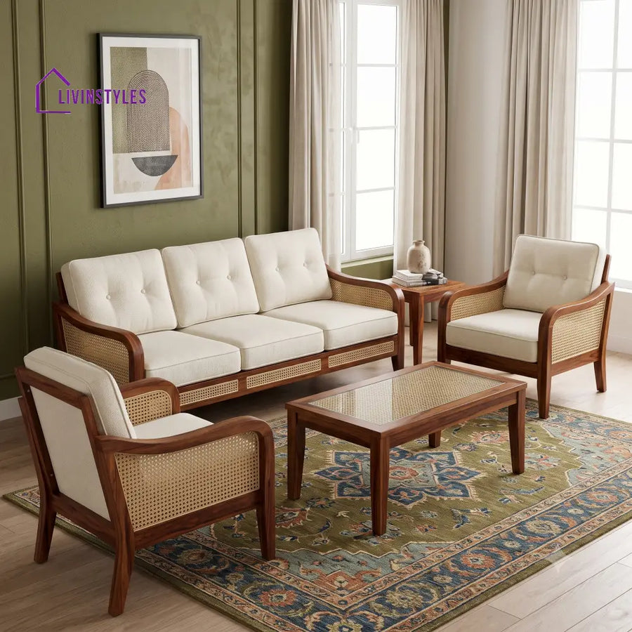 Sandhya Wooden Sofa Set | 3 + 1 + 1 Sheesham Wood Sofa Set for Living Room