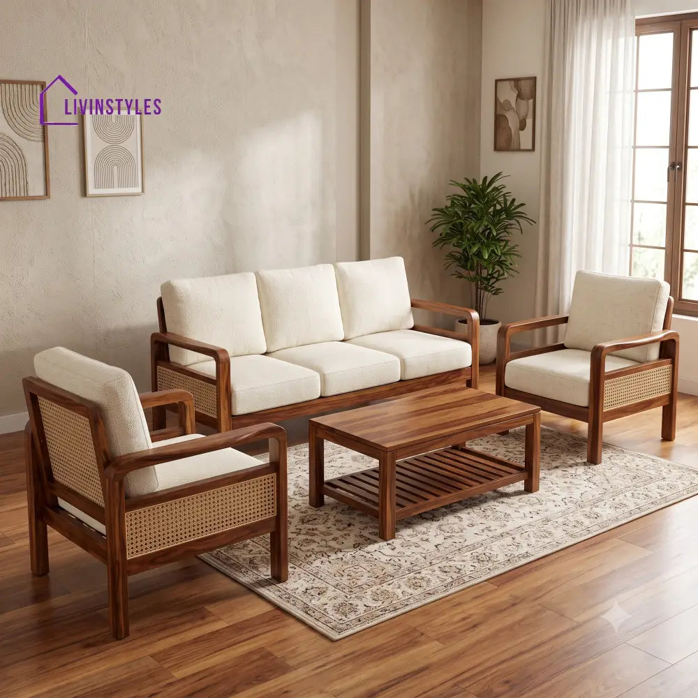 Sangeetha Wooden Sofa Set | 3 + 1 + 1 Sheesham Wood Sofa Set for Living Room
