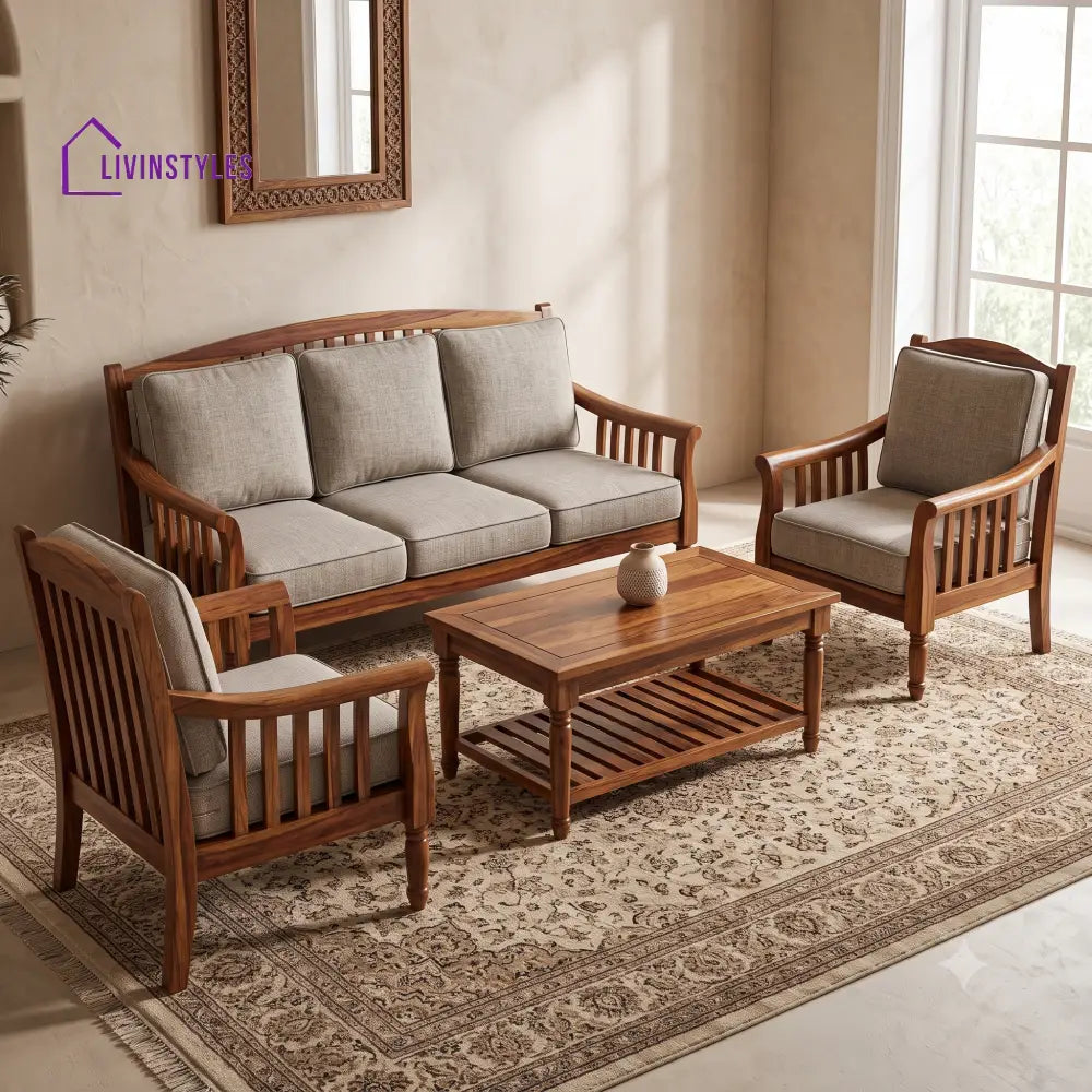 Sanjana Wooden Sofa Set | 3 + 1 + 1 Sheesham Wood Sofa Set for Living Room