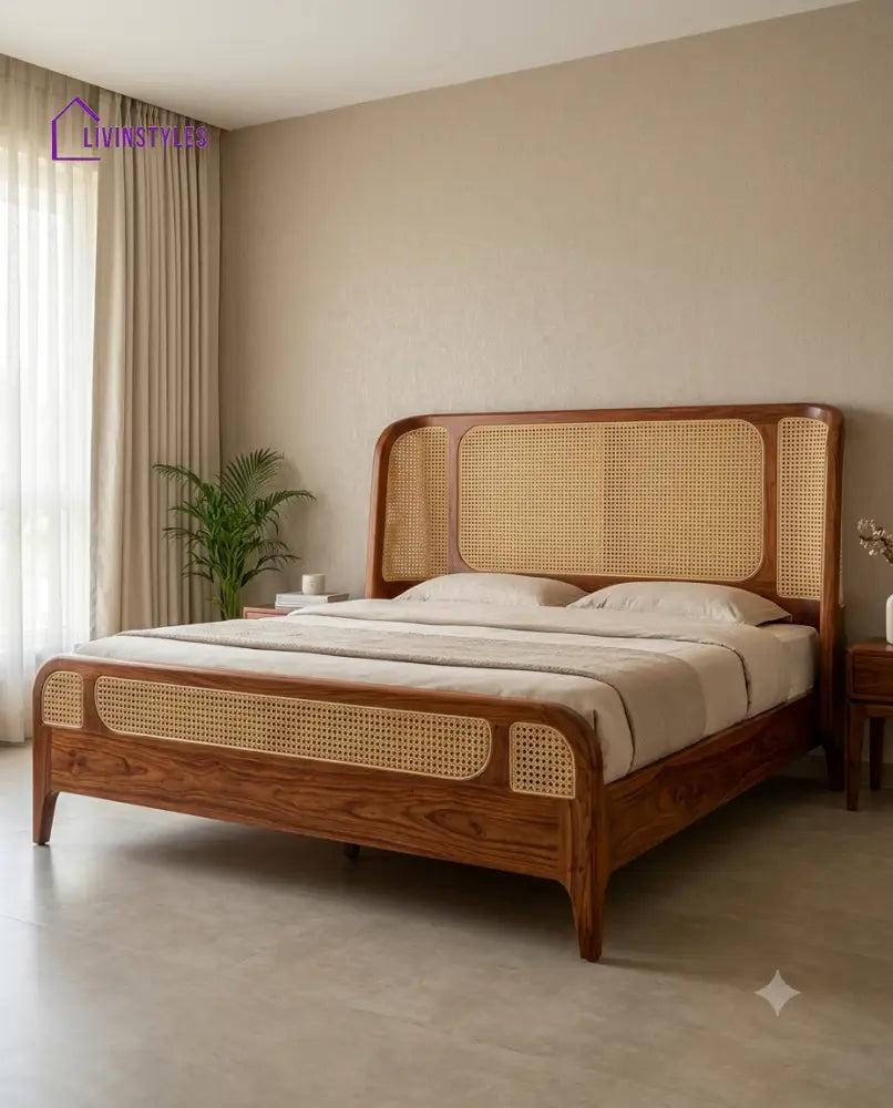 Sanjay Wooden Bed with Cane Weaving Headboard Design | Bed without Storage