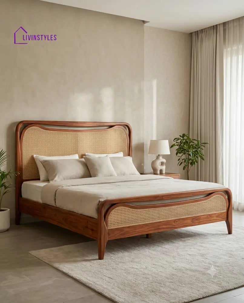 Saravanan Wooden Bed with Cane Weaving Headboard Design | Bed without Storage