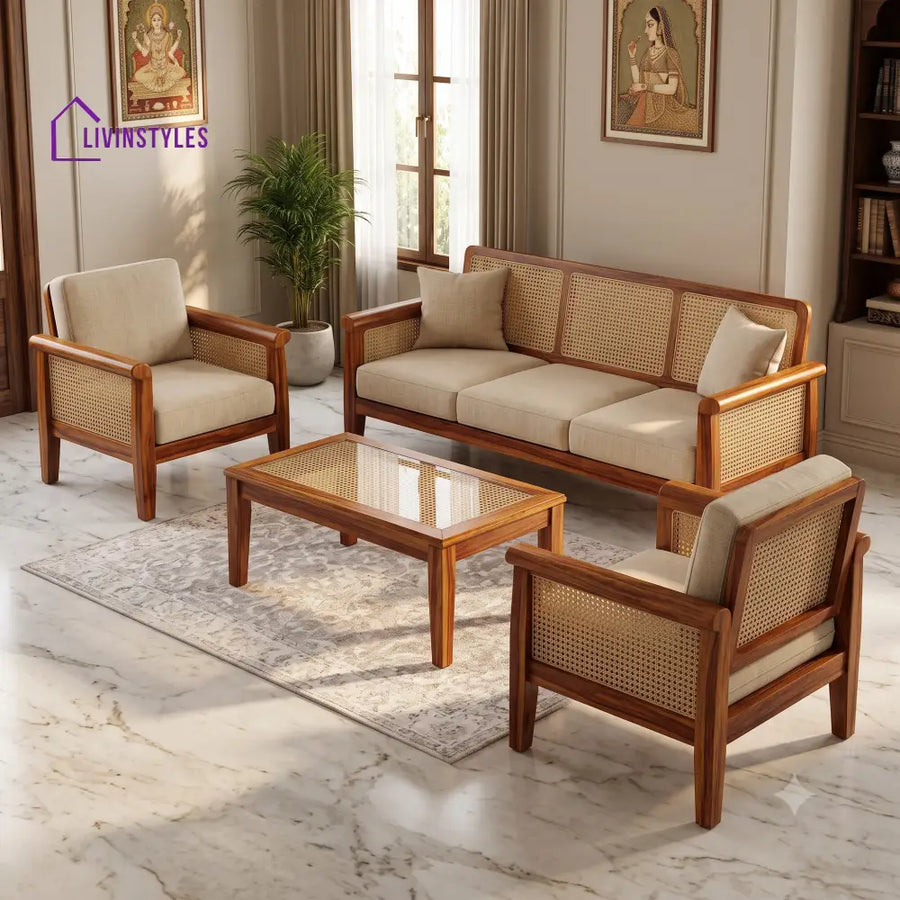Saritha Wooden Sofa Set | 3 + 1 + 1 Sheesham Wood Sofa Set for Living Room