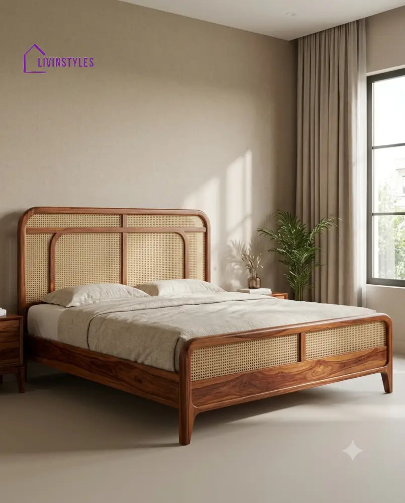 Sathish Wooden Bed with Cane Weaving Headboard Design | Bed without Storage