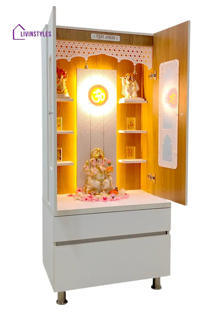 Savannah Designer Wooden Mandir for Home with Doors 67In Height 30In Width 18In Depth with Strip Lighting Extra Storage