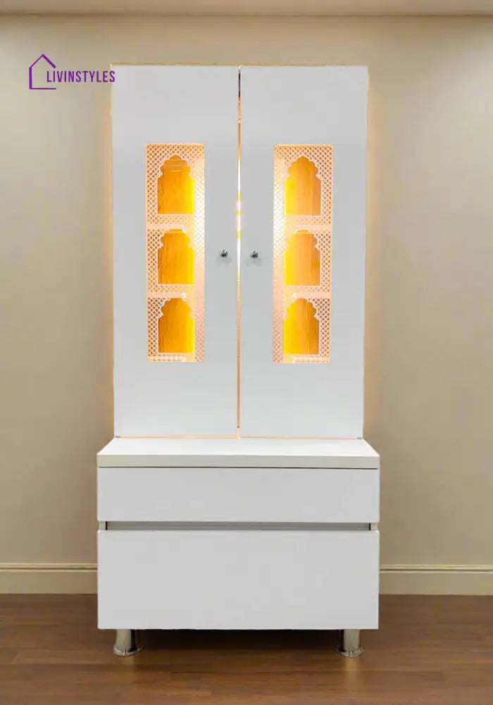 Savannah Designer Wooden Mandir for Home with Doors 67In Height 30In Width 18In Depth with Strip Lighting Extra Storage