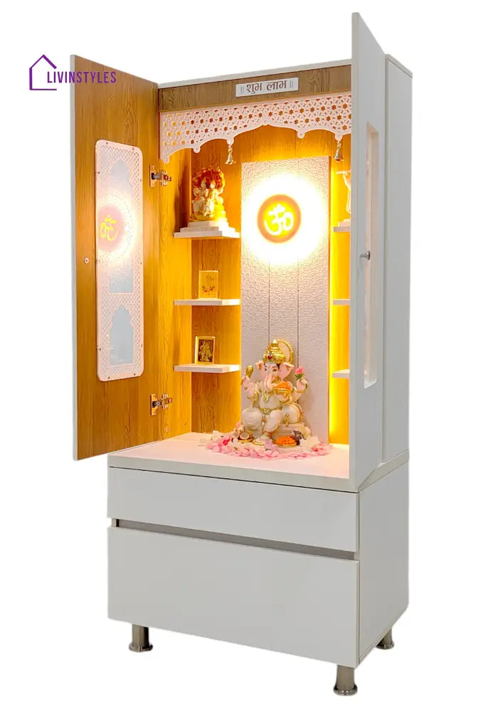 Savannah Designer Wooden Mandir for Home with Doors 67In Height 30In Width 18In Depth with Strip Lighting Extra Storage