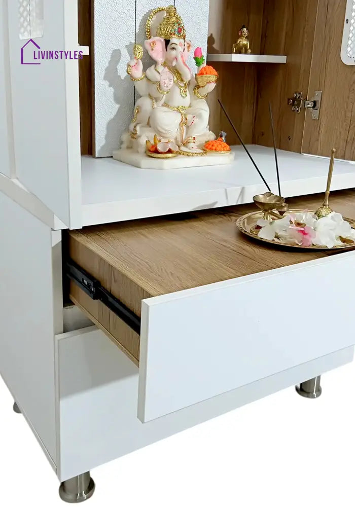 Savannah Designer Wooden Mandir for Home with Doors 67In Height 30In Width 18In Depth with Strip Lighting Extra Storage