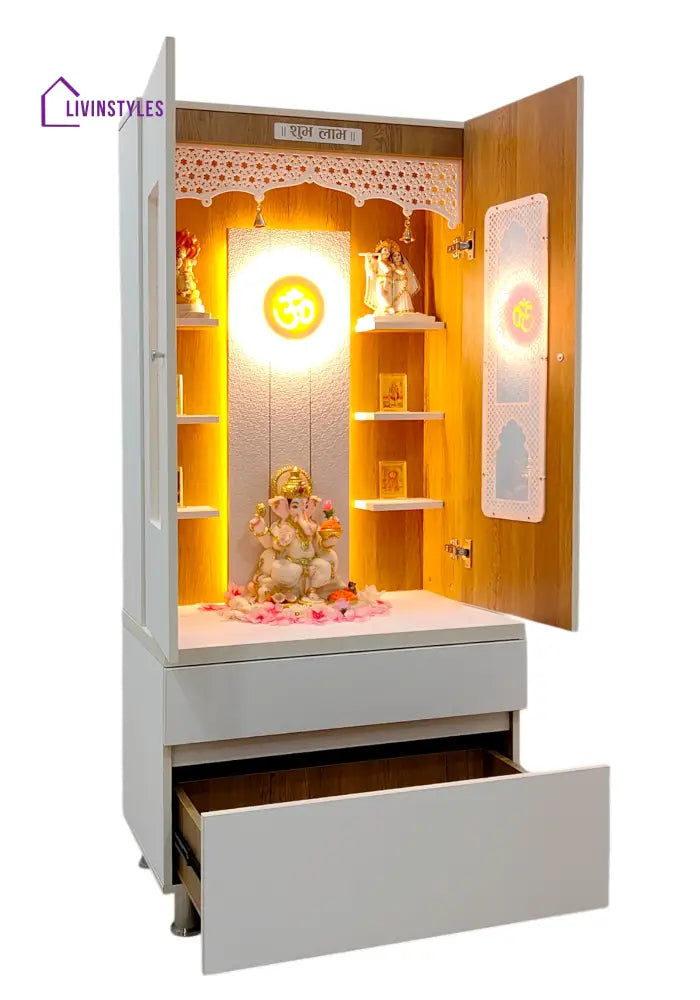 Savannah Designer Wooden Mandir for Home with Doors 67In Height 30In Width 18In Depth with Strip Lighting Extra Storage