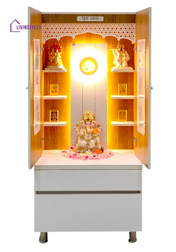 Savannah Designer Wooden Mandir for Home with Doors 67In Height 30In Width 18In Depth with Strip Lighting Extra Storage