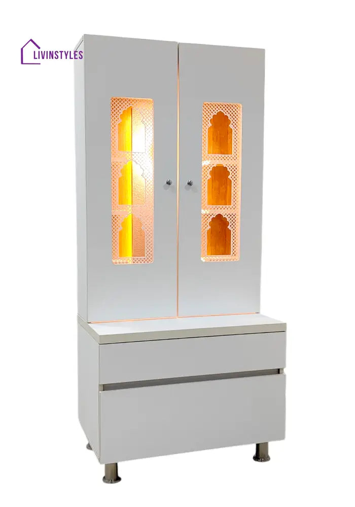 Savannah Designer Wooden Mandir for Home with Doors 67In Height 30In Width 18In Depth with Strip Lighting Extra Storage