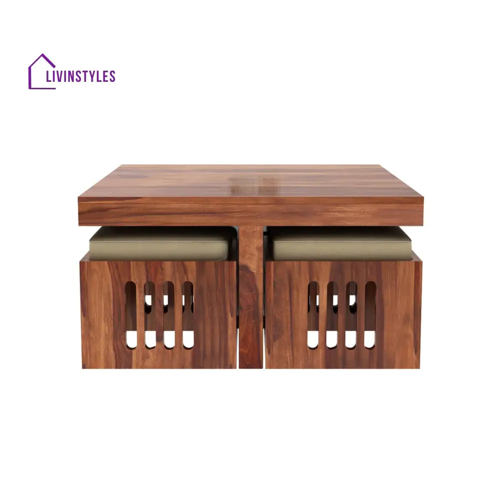 Savely Solid Wood Sheesham Coffee Table with 4 Seating Stools