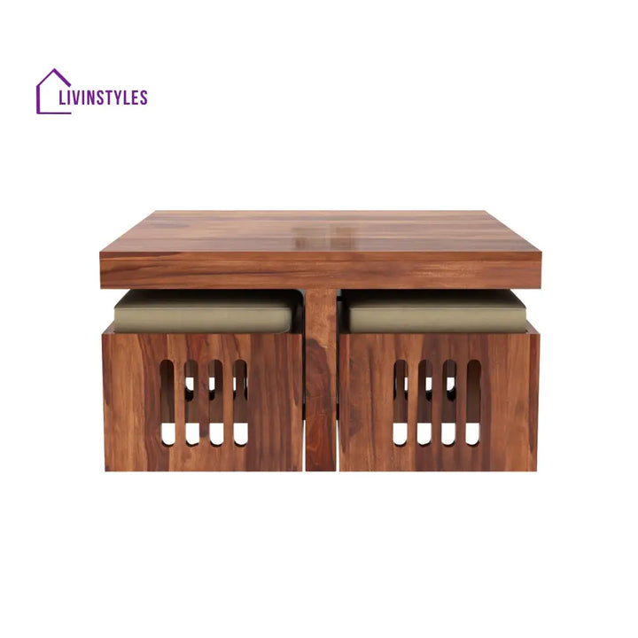 Savely Solid Wood Sheesham Coffee Table with 4 Seating Stools