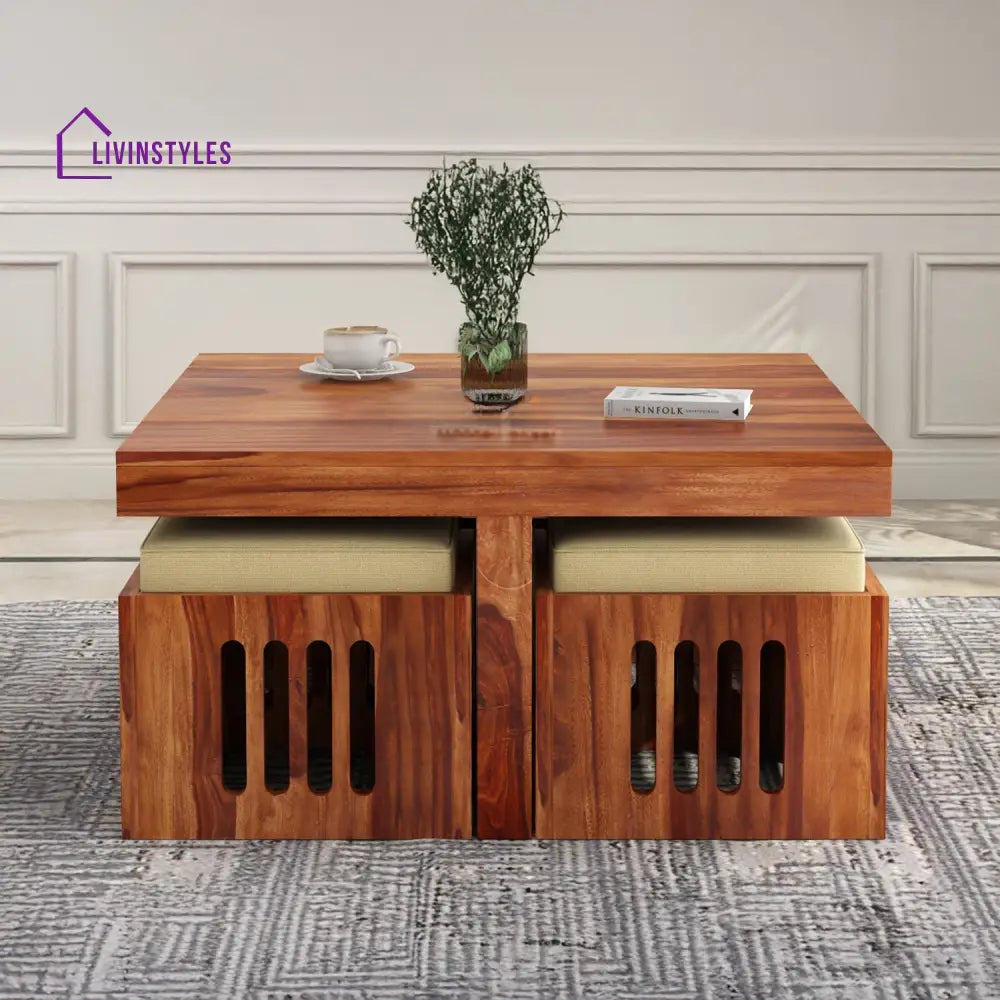 Savely Solid Wood Sheesham Coffee Table with 4 Seating Stools