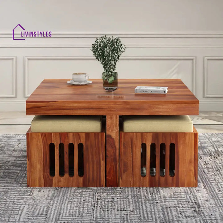 Savely Solid Wood Sheesham Coffee Table with 4 Seating Stools