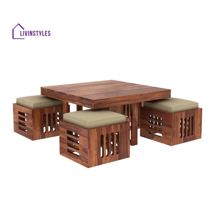 Savely Solid Wood Sheesham Coffee Table with 4 Seating Stools